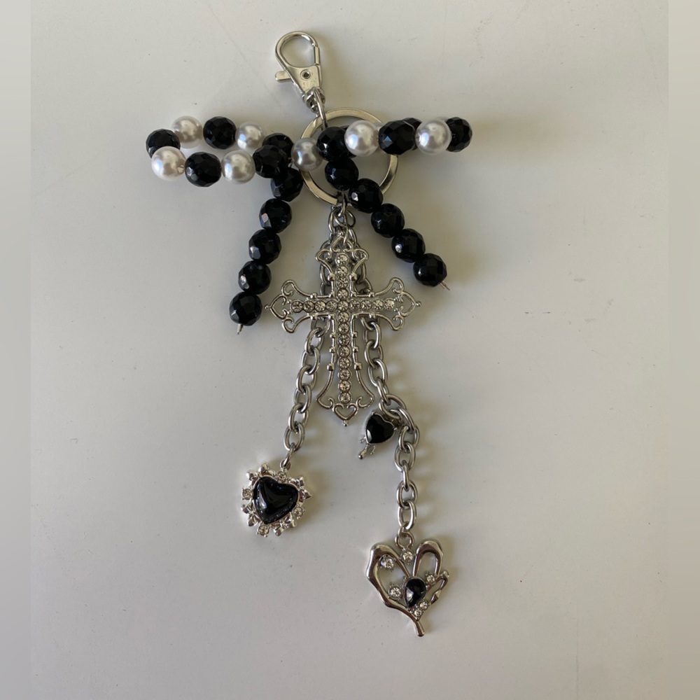 Rhinestone Cross & Bead Keychain Necklace - Black & Pearl